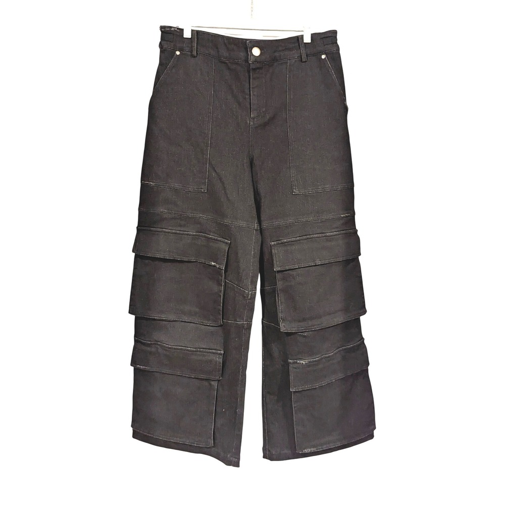 Hours Black Denim‎ Cargo Pants Wide Leg Cropped Multi Pocket Goth Punk Y2K